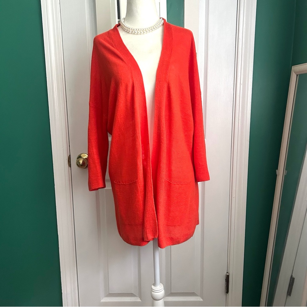 Eileen Fisher Open Tomato Orange Linen Cardigan Sweater Medium